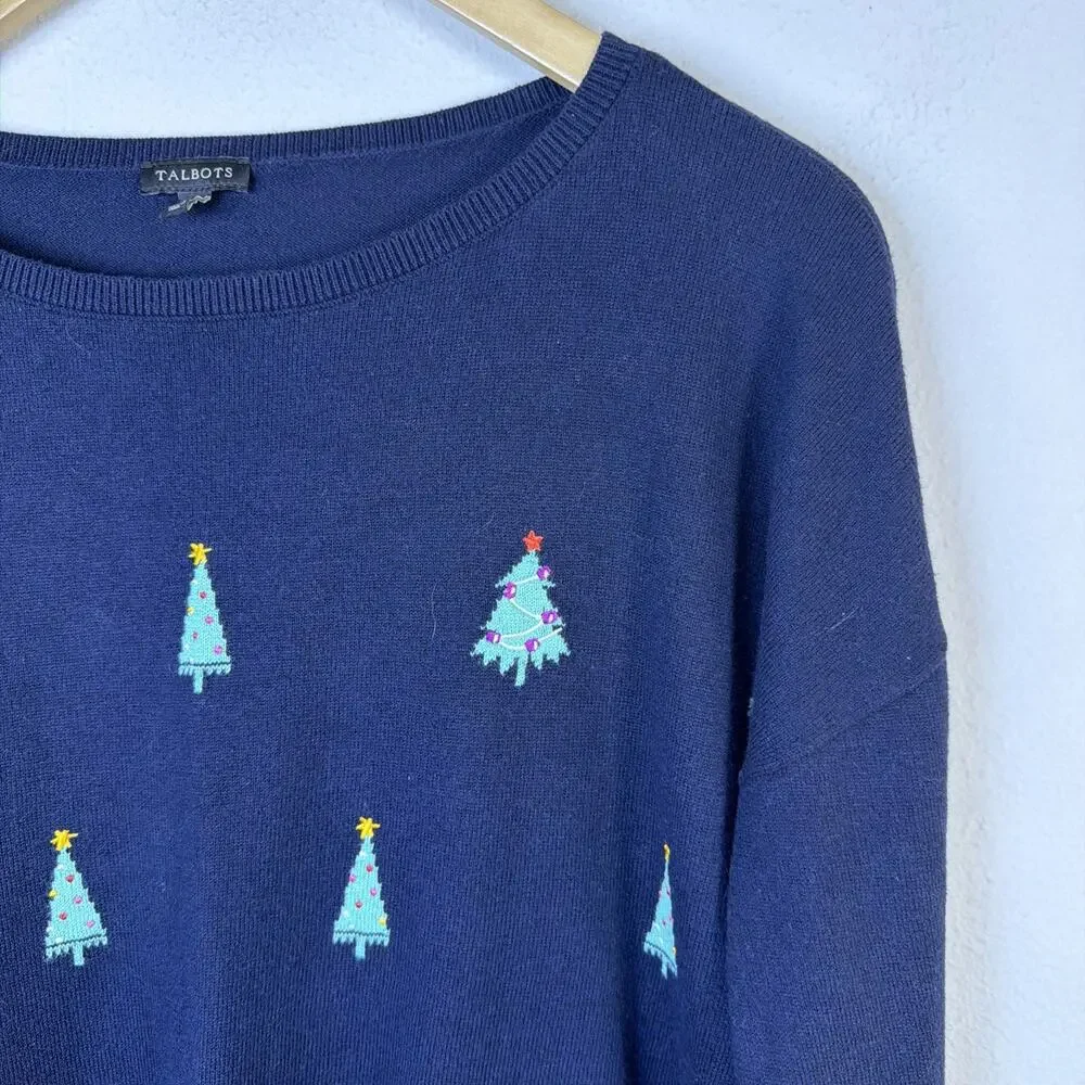Talbots Womens Christmas Tree Sweater Navy Blue XL ugly holiday embroidered - Picture 4 of 11